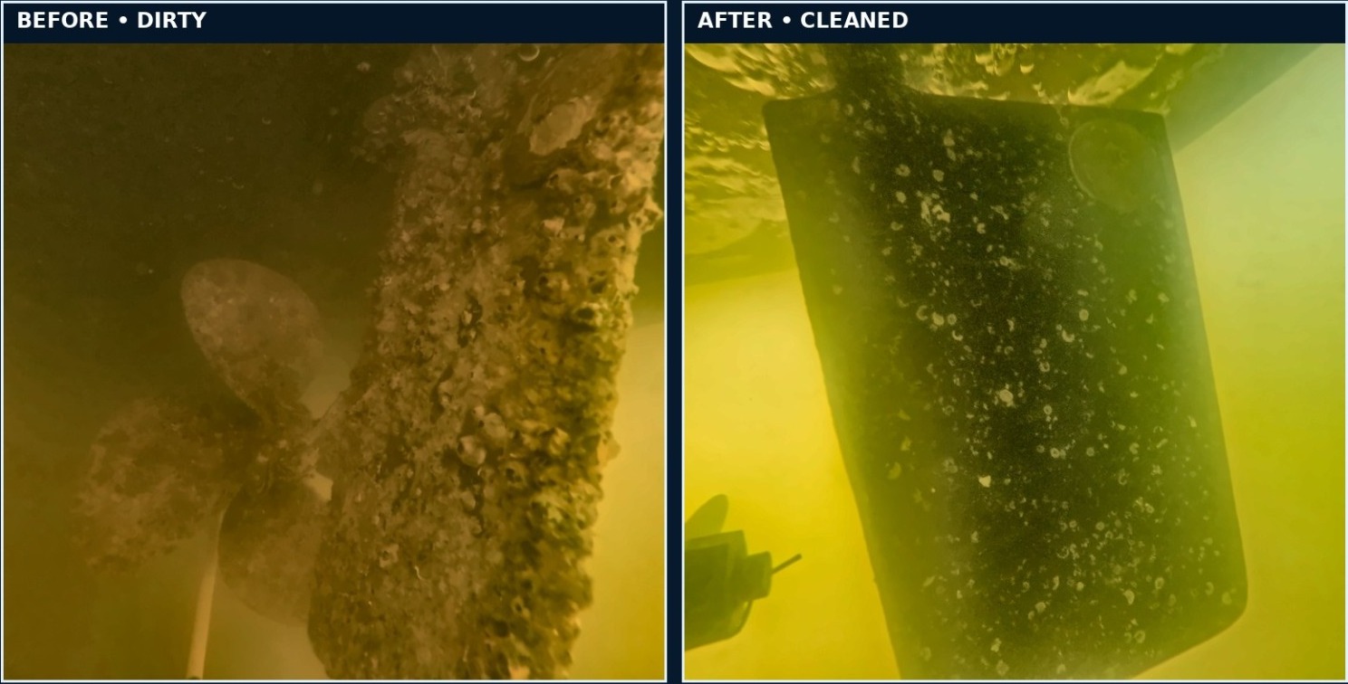 Starboard rudder before and after cleaning, with boat name cropped out