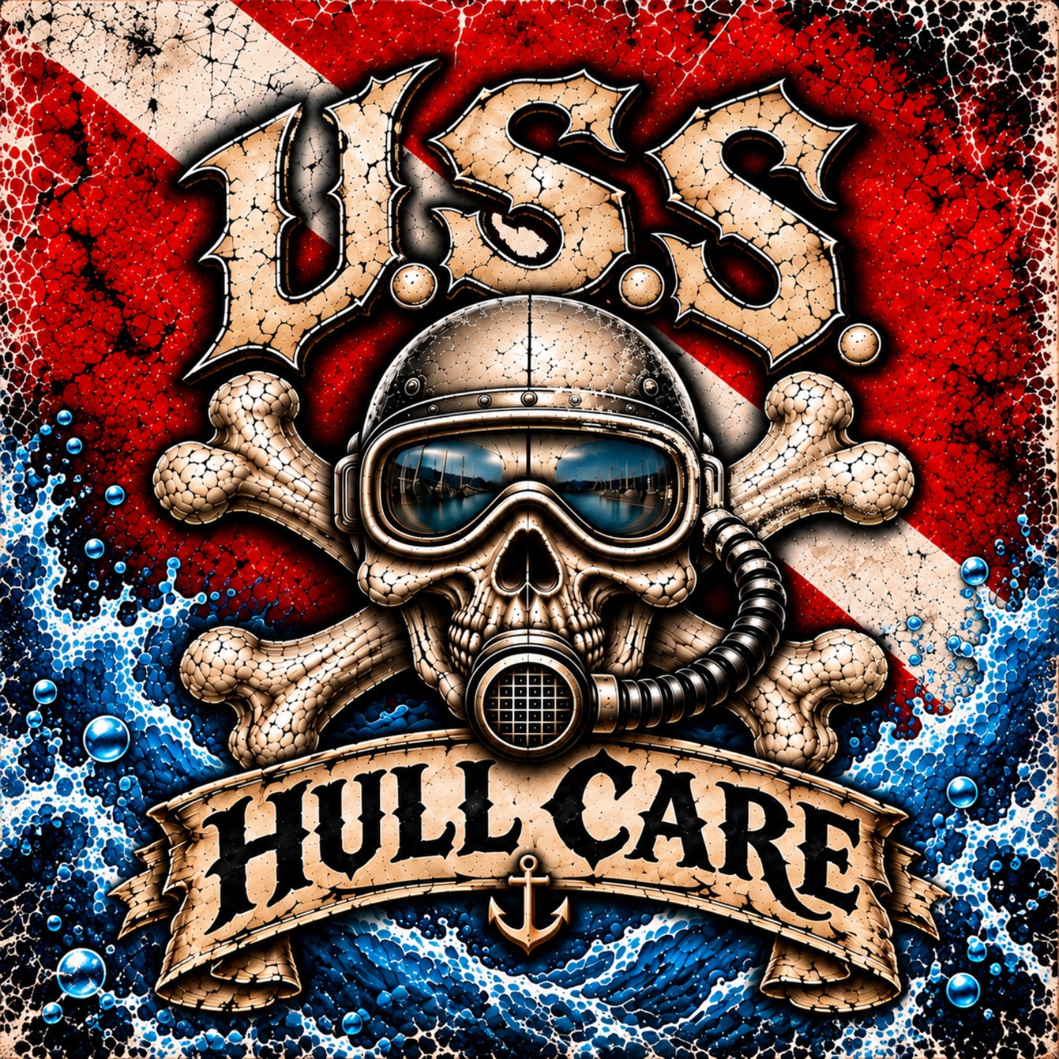 Original USS Hull Care skull diver logo